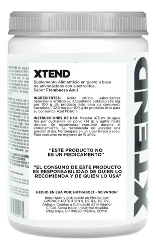 Suplemento en bcaa Mezcla de Aminoácidos Polvo Xtend sabor frambuesa azul x 420g - Imagen 2