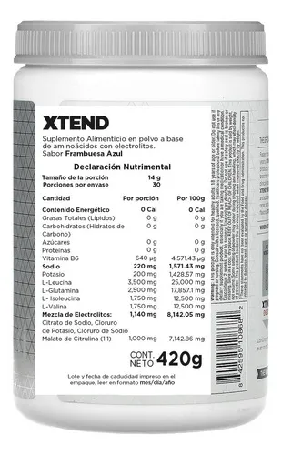 Suplemento en bcaa Mezcla de Aminoácidos Polvo Xtend sabor frambuesa azul x 420g - Imagen 11